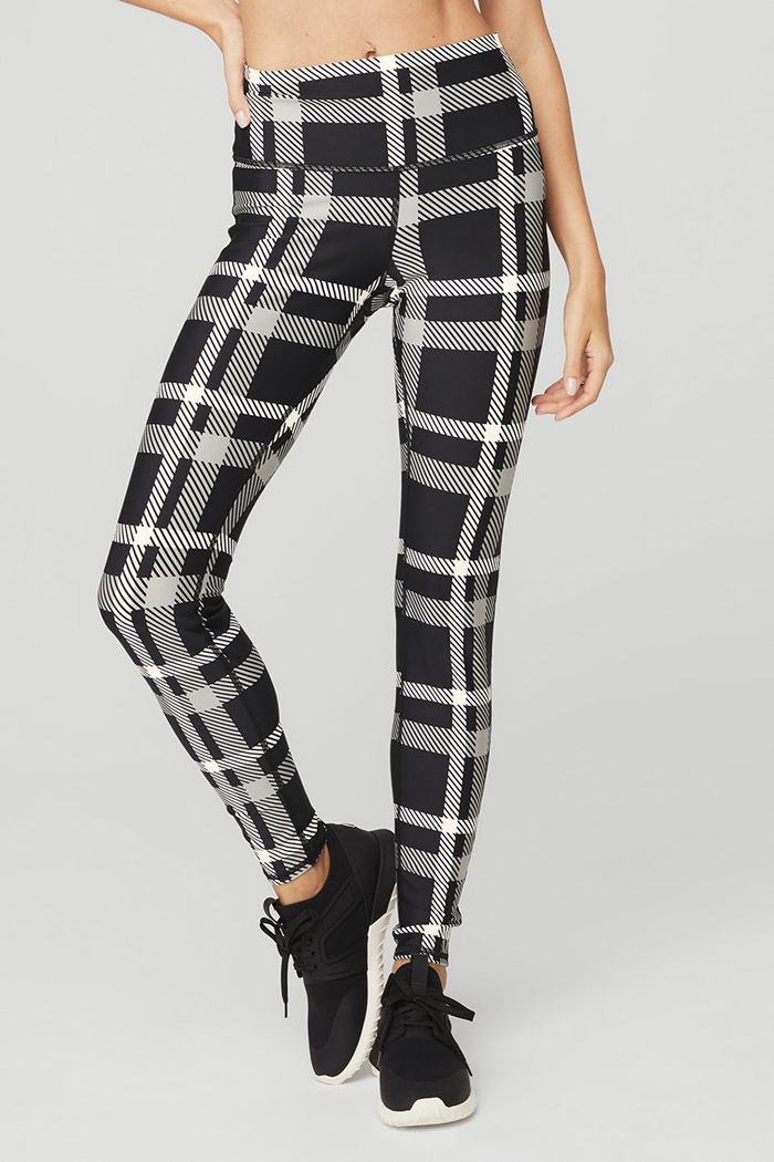 Alo Yoga Airlift High-Waist Magnified Plaid Women's Leggings Black White | WEUXQVC-04