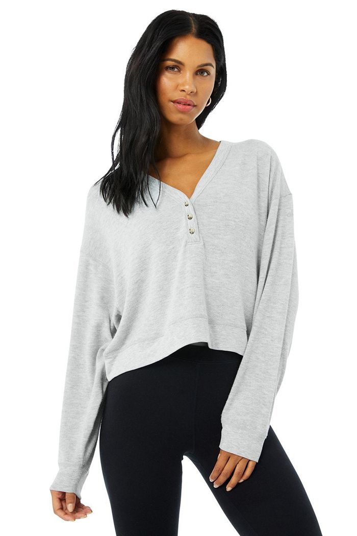 Alo Yoga Alolux Soho Crop Henley Women's Long Sleeve Grey | YDNPSML-96