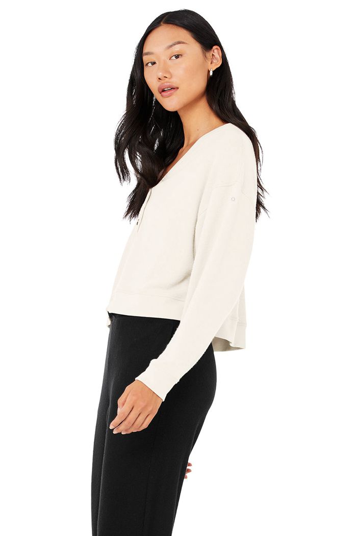 Alo Yoga Alolux Soho Cropped Henley Women's Long Sleeve White | EJOXVIL-23