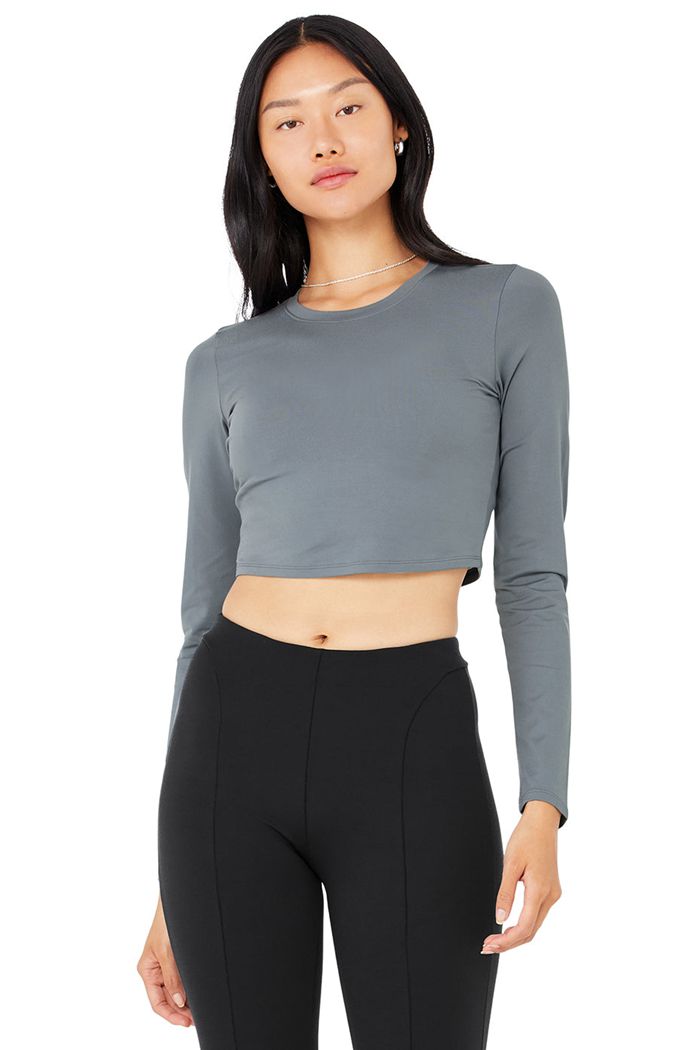 Alo Yoga Alosoft Crop Finesse Women's Long Sleeve Grey | QPTMCVW-53