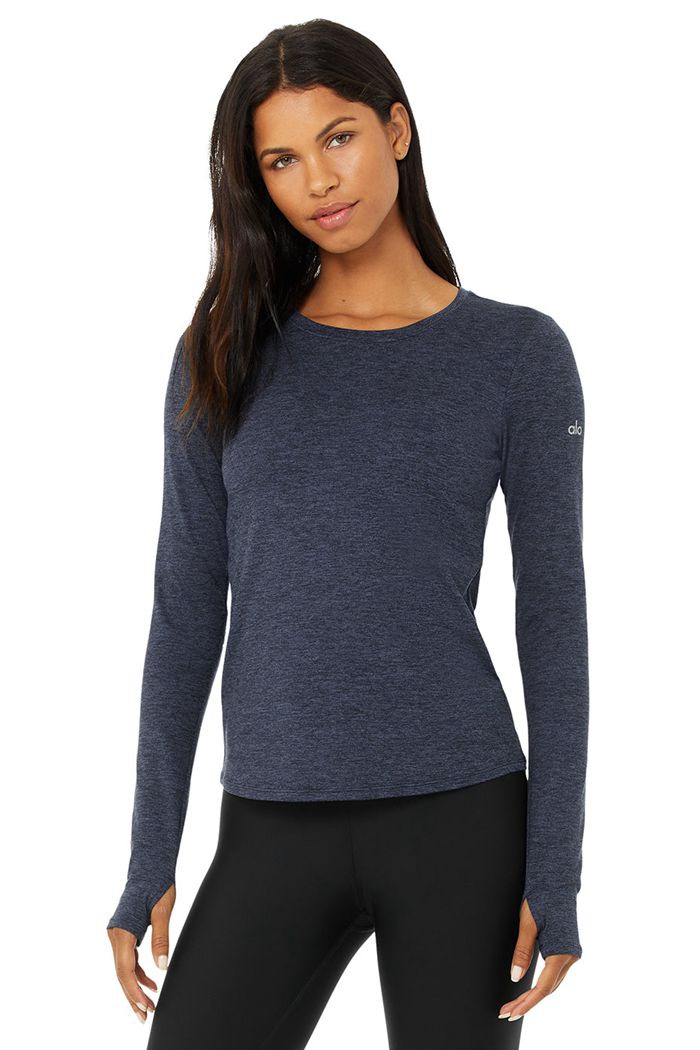 Alo Yoga Alosoft Finesse Women's Long Sleeve Navy | CNGUQYZ-87