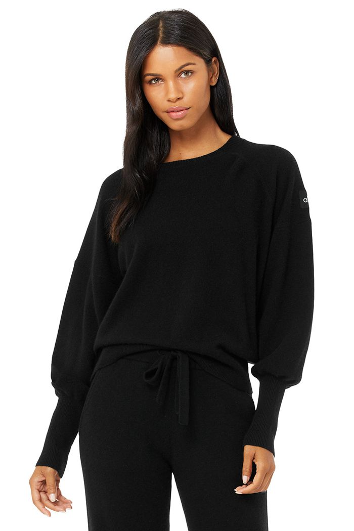 Alo Yoga Cashmere Jet Set Crew Women's Long Sleeve Black | CURVZPB-38