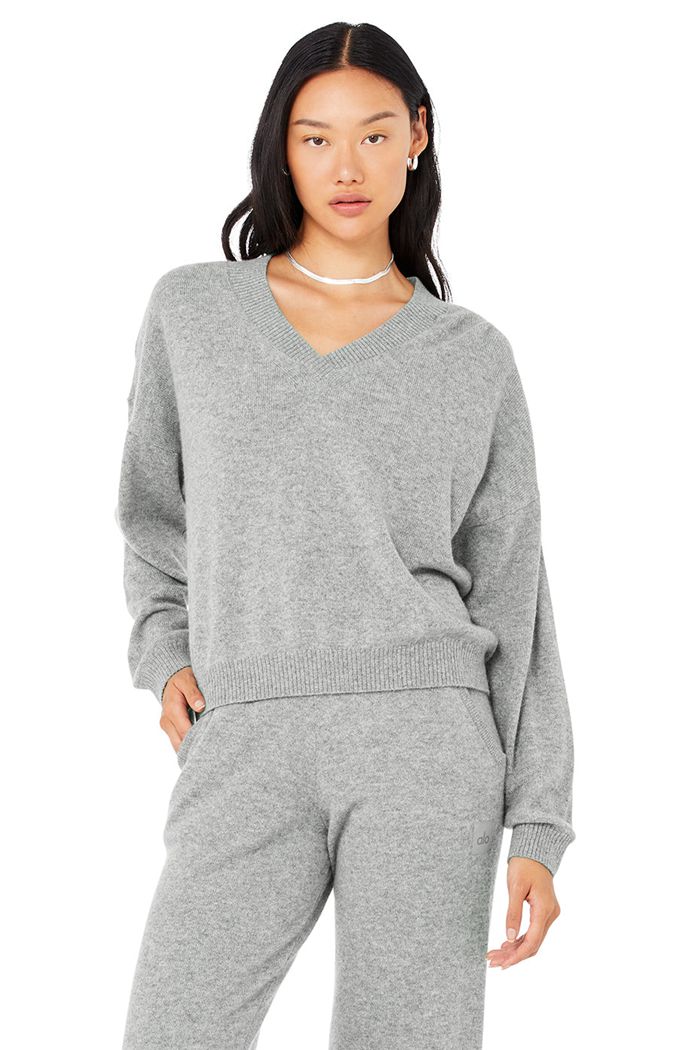 Alo Yoga Cashmere Jet Set V-Neck Women's Pullover Grey | GMCOLNX-68