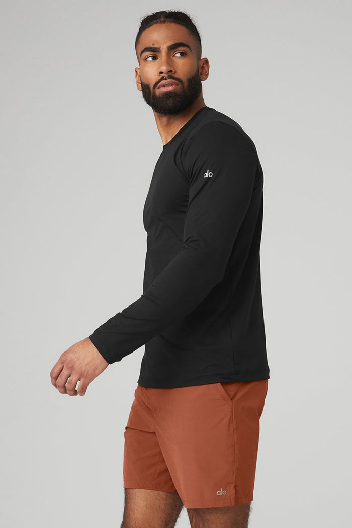 Alo Yoga Conquer Reform Crewneck Men's Long Sleeve Black | UKJGELR-31