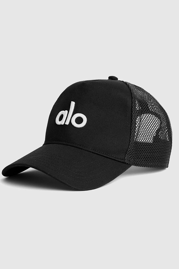 Alo Yoga District Trucker Men's Hats Black White | WSIXVQN-12