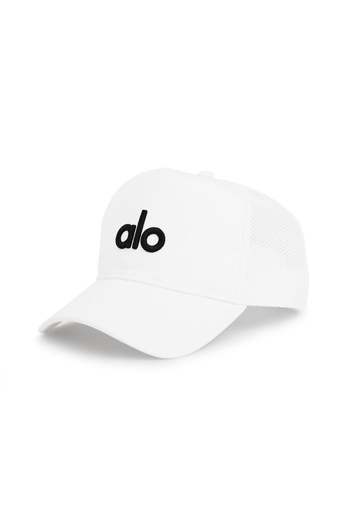 Alo Yoga District Trucker Men's Hats White | IRNQLPH-59