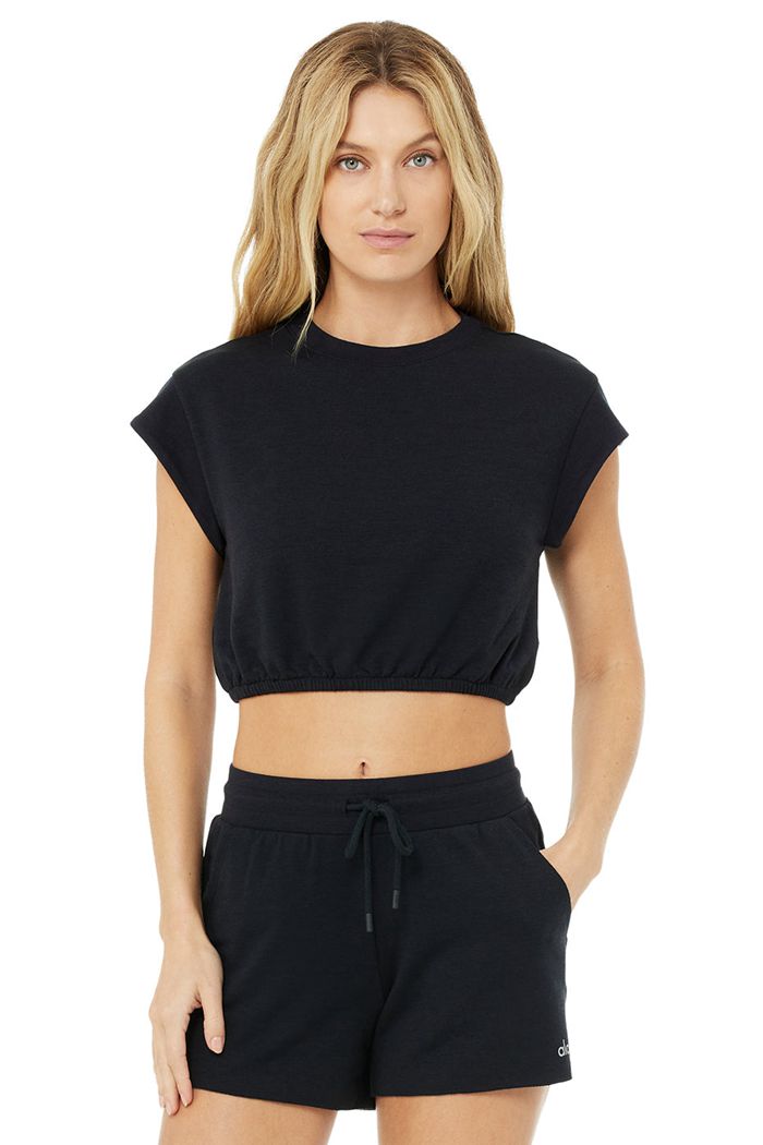 Alo Yoga Dreamy Crop Women's Short Sleeve Black | FUIMTLW-53