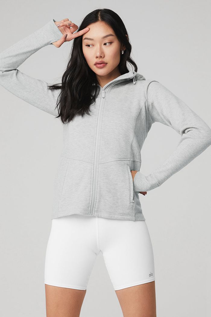 Alo Yoga Foundation Zip Women's Hoodie Grey | OHUNBKR-06