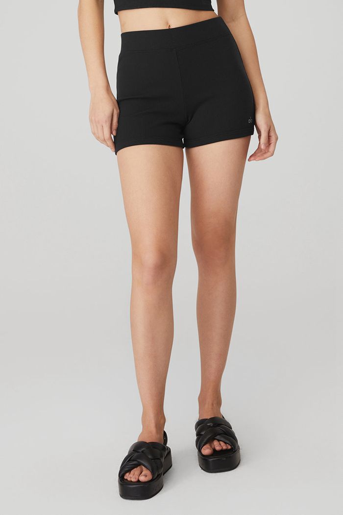 Alo Yoga Goddess Ribbed High-Waist Hot Women's Short Black | RFLEGWB-45