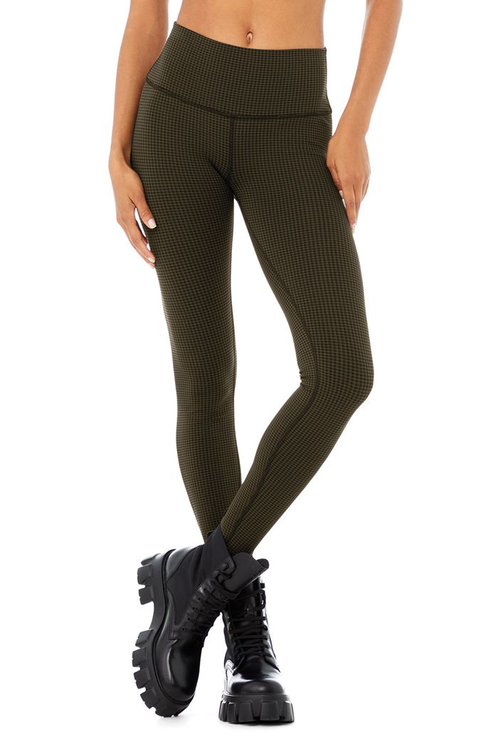 Alo Yoga High-Waist Micro Houndstooth Women's Leggings Dark Olive Black | MTBFPLQ-35