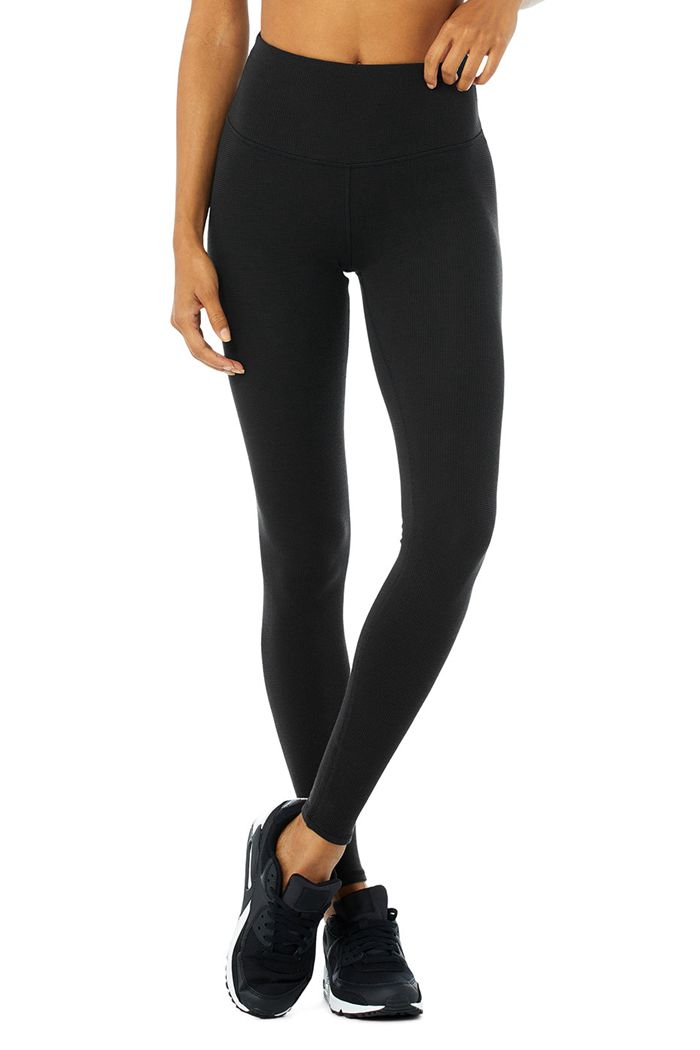 Alo Yoga High-Waist Micro Waffle LowKey Women's Leggings Black | UTPAZJS-03