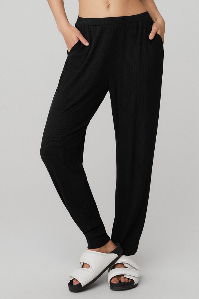 Alo Yoga High-Waist Ribbed Whisper Women's Pants Black | OQTLWJF-13