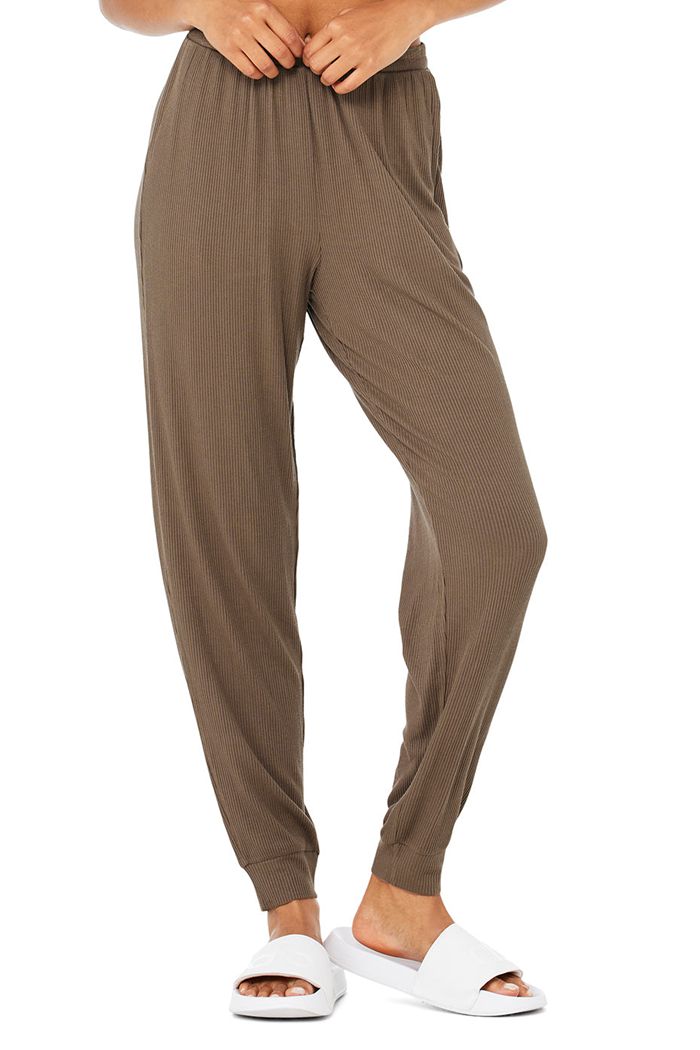 Alo Yoga High-Waist Ribbed Whisper Women's Pants Brown | WQXAMUI-16