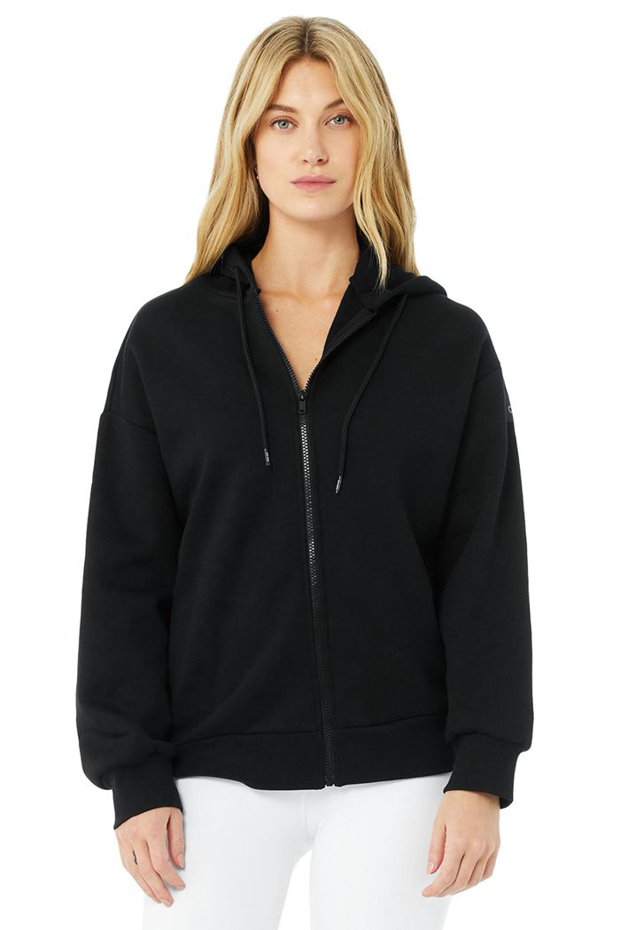 Alo Yoga Hype Full Zip Women's Hoodie Black | JZBWXTI-36