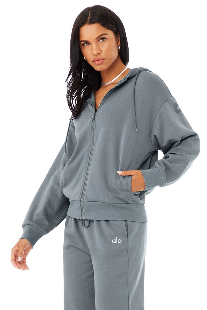 Alo Yoga Hype Full Zip Women's Hoodie Grey | EOIZHJP-39