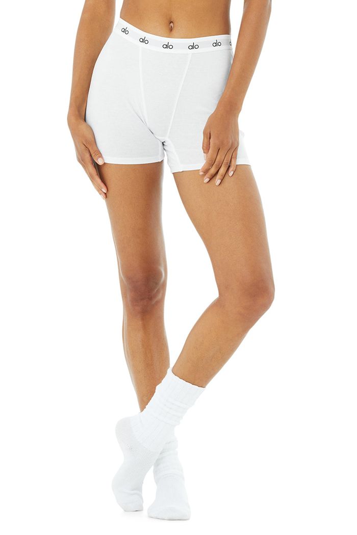 Alo Yoga Icon Ribbed Boy Women's Short White | RTDOGWY-20