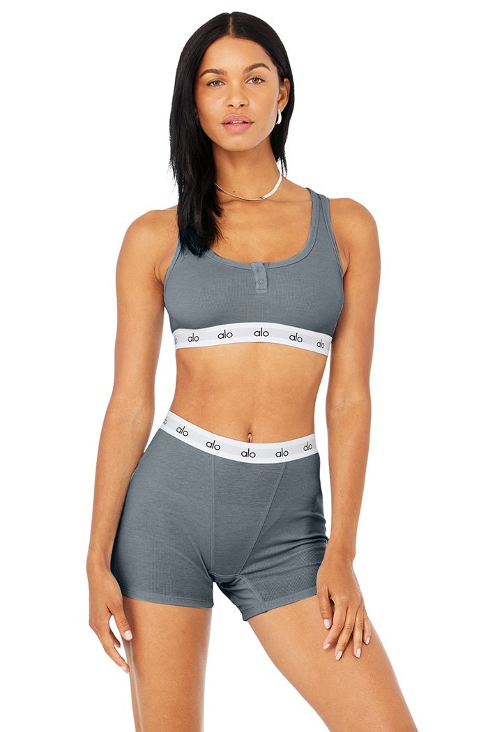 Alo Yoga Icon Ribbed Henley Women's Bras Grey | BISYULG-29