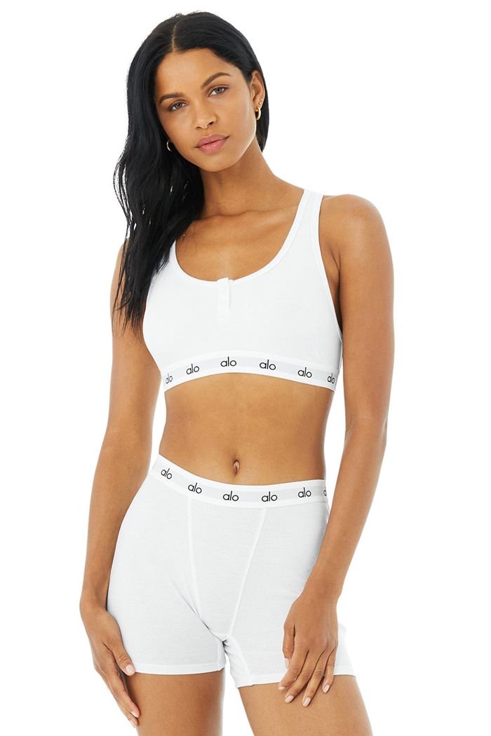 Alo Yoga Icon Ribbed Henley Women's Bras White | GCPTFDU-94