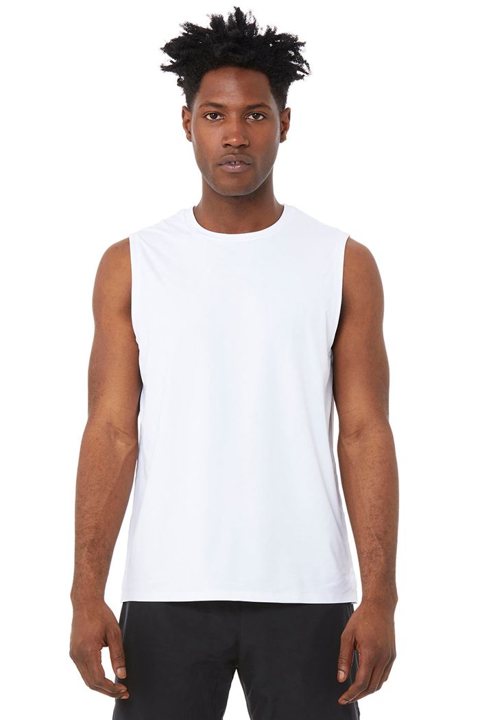 Alo Yoga Idol Performance Men's Tank Tops White | ZKIVMHF-79