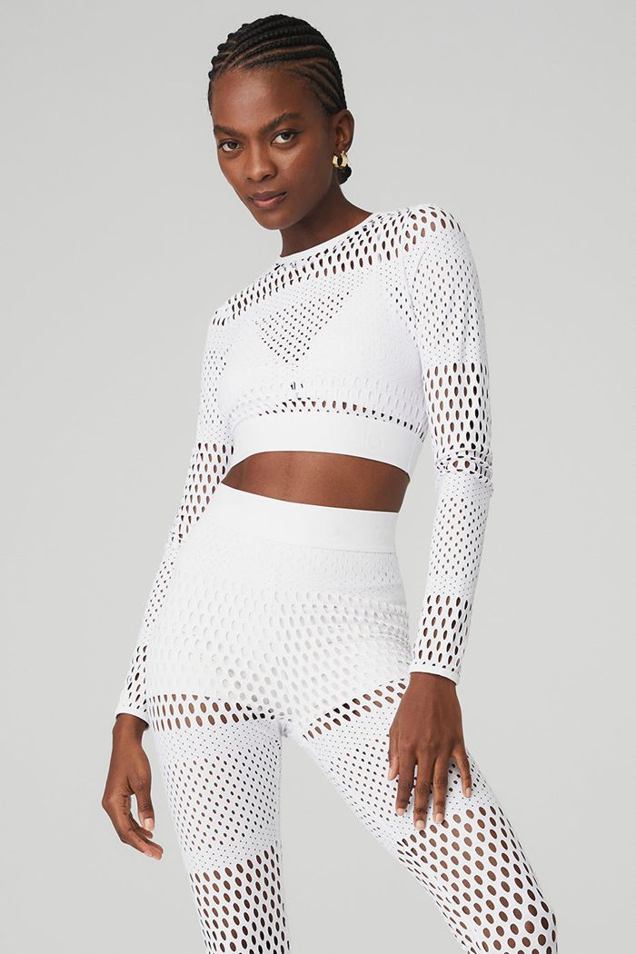 Alo Yoga Mesh Haute Summer Women's Long Sleeve White | ZMAPOWB-95