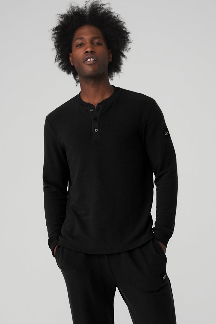 Alo Yoga Micro Waffle Fast Break Henley Men's Long Sleeve Black | IUASDRO-90