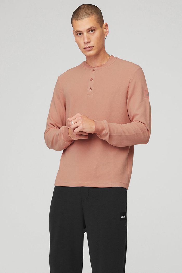 Alo Yoga Micro Waffle Fast Break Henley Men's Long Sleeve Pink | SBMRYPX-01