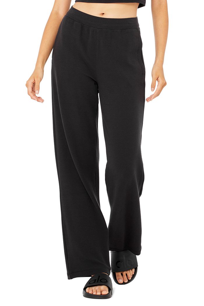 Alo Yoga Micro Waffle High-Waist Pleasant Wide Leg Women's Pants Black | BUZMVTP-50