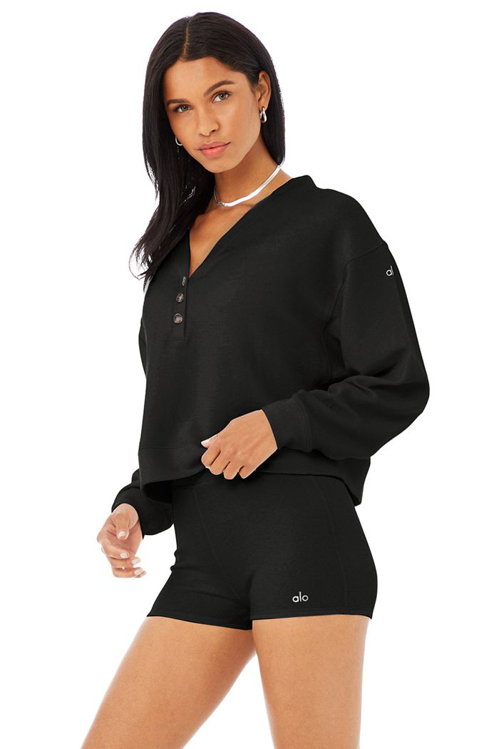 Alo Yoga Micro Waffle Pleasant Cropped Henley Women's Long Sleeve Black | MKPWVDH-18