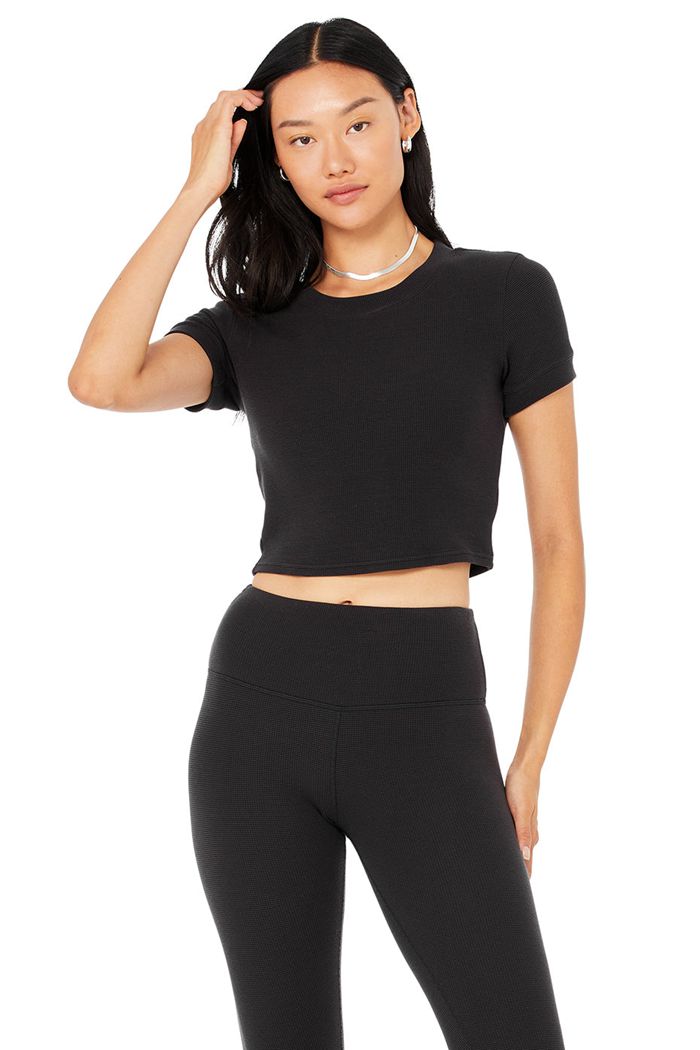 Alo Yoga Micro Waffle Sierra Women's Short Sleeve Black | LDOEMAH-07