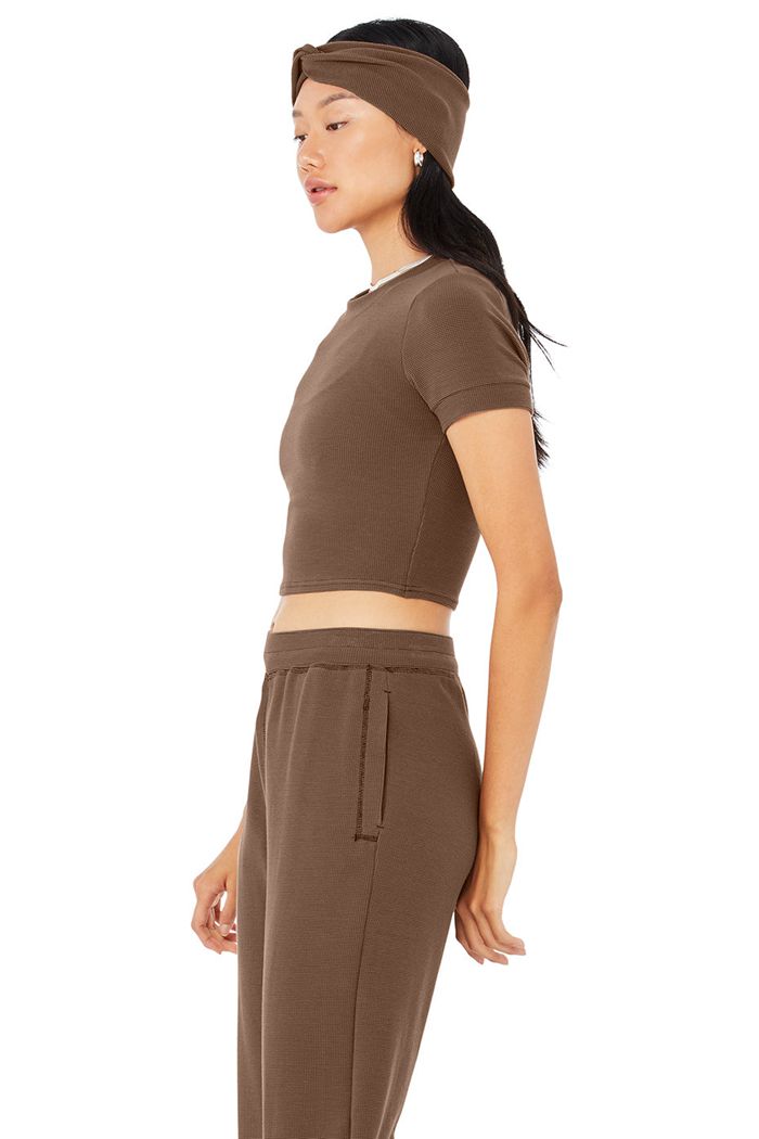 Alo Yoga Micro Waffle Sierra Women's Short Sleeve Brown | PUCLROG-58