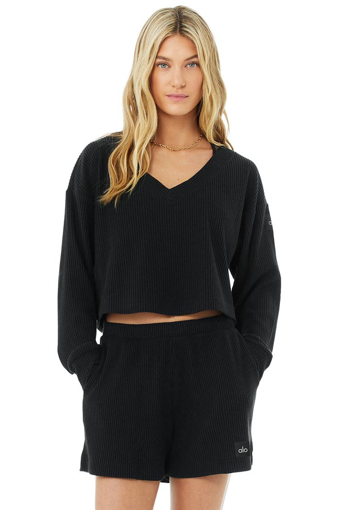 Alo Yoga Muse V-Neck Women's Pullover Black | MOGFTCS-83