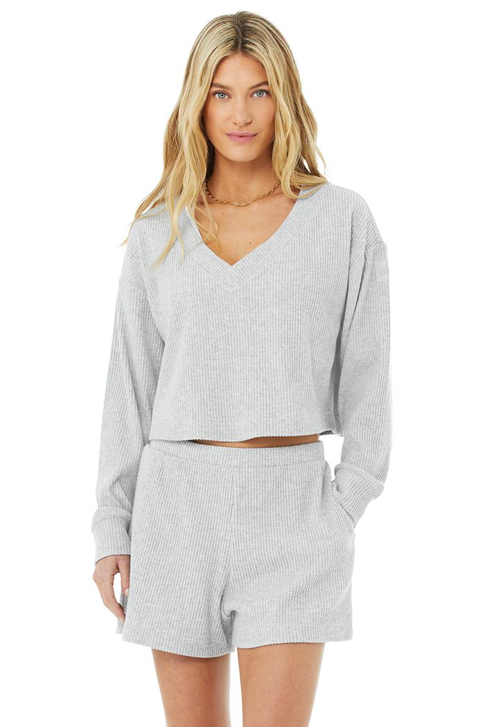 Alo Yoga Muse V-Neck Women's Pullover Grey | ZSPHDAM-82