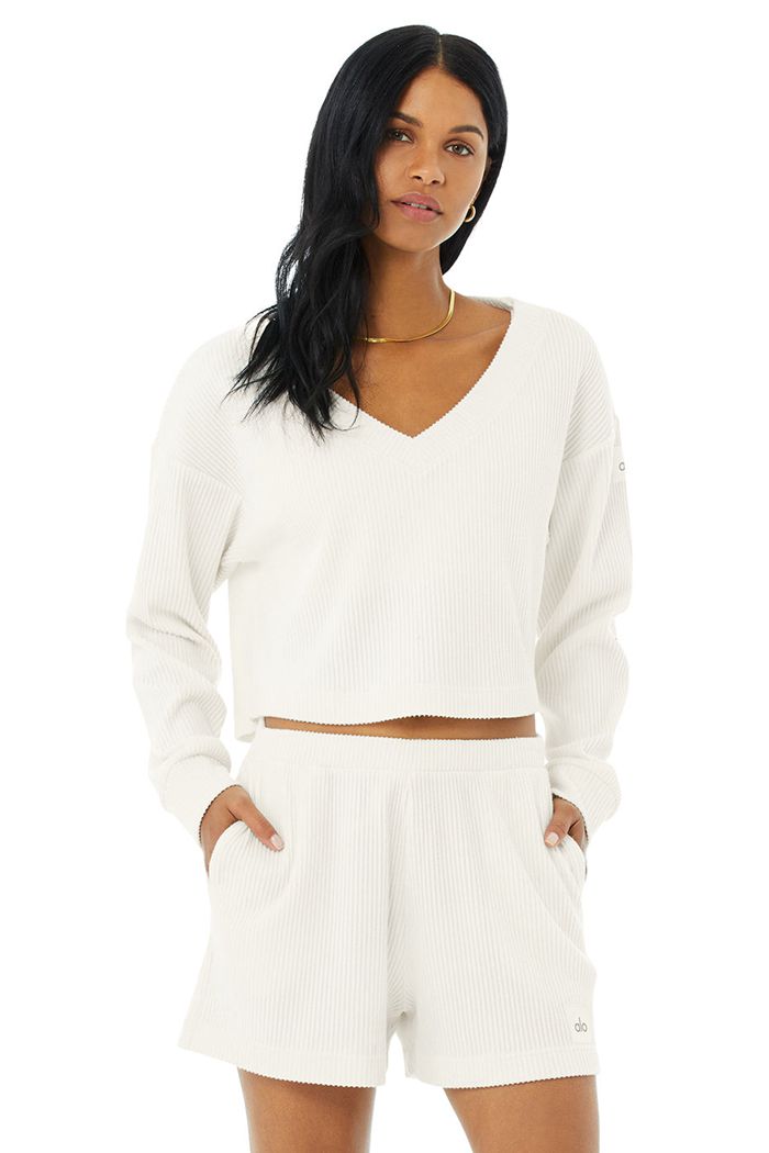 Alo Yoga Muse V-Neck Women's Pullover White | HCRXWAM-87