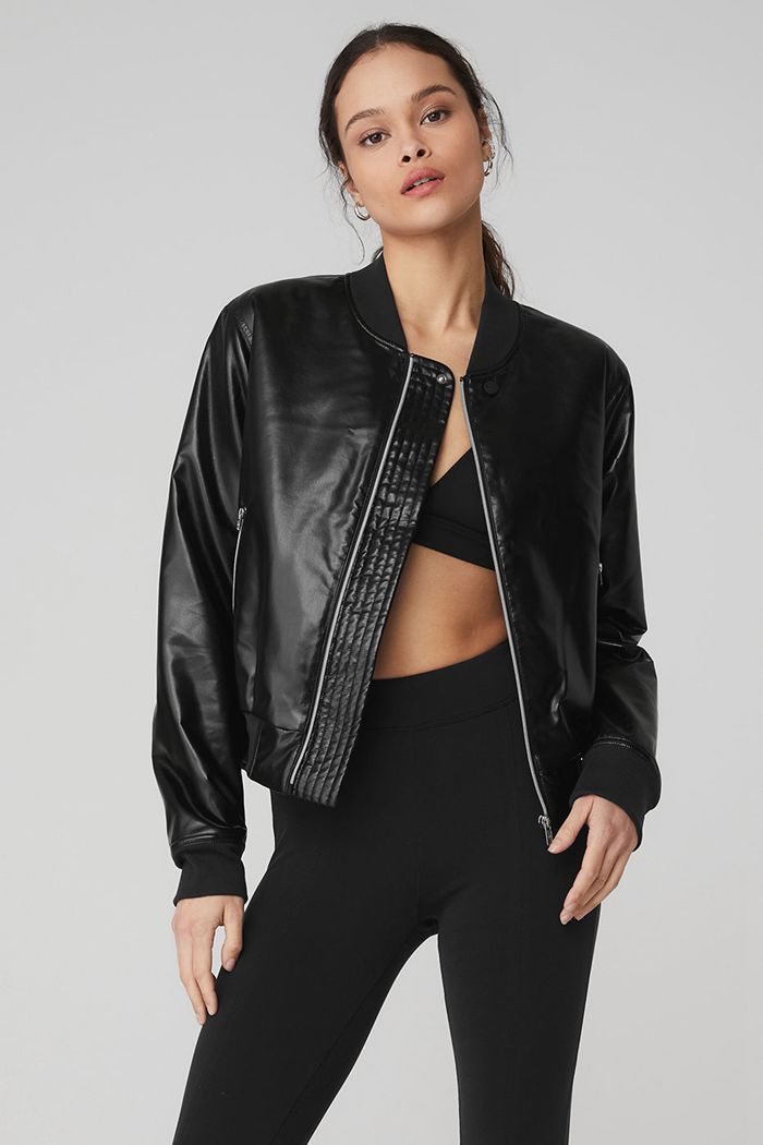 Alo Yoga Night Life Bomber Women's Jackets Black | JFIONEQ-65