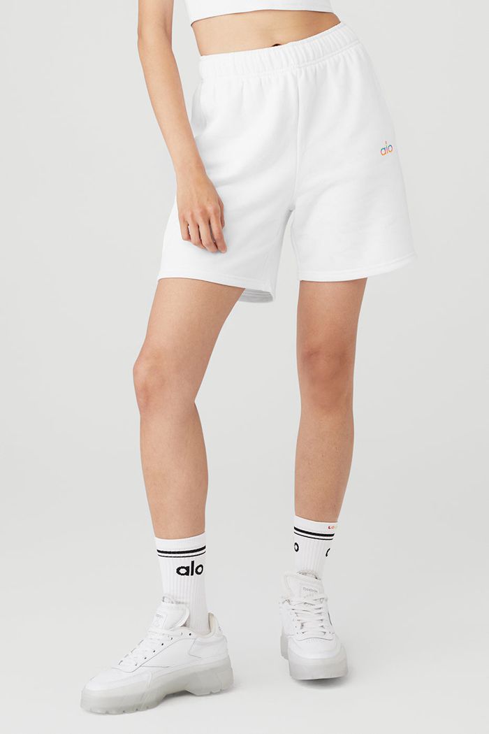 Alo Yoga Pride Accolade Sweat Women's Short White | KJHMZUO-39