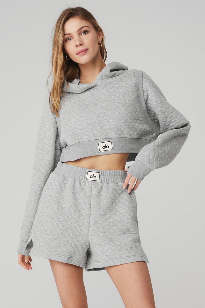 Alo Yoga Quilted Cropped Arena Women's Hoodie Grey | HRZYWUB-32