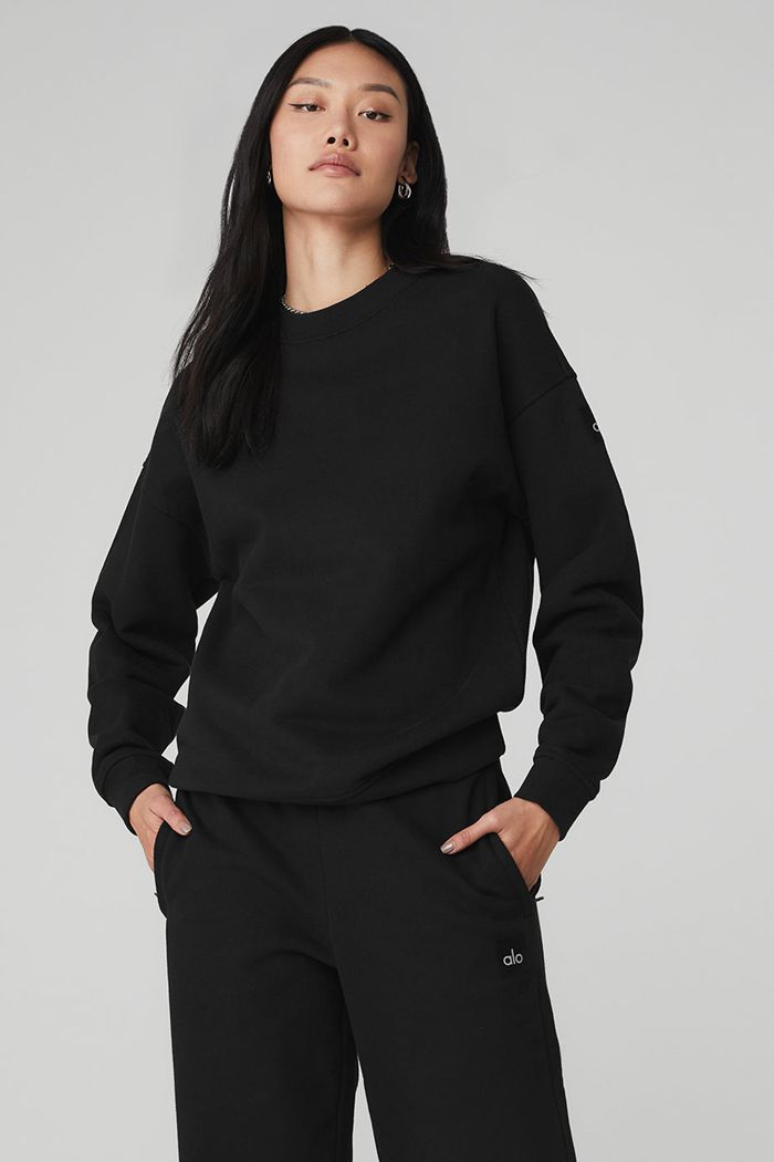 Alo Yoga Renown Crew Neck Women's Pullover Black | HFBVGNS-79