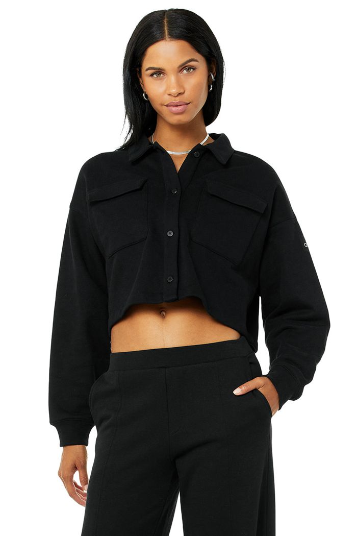 Alo Yoga Renown Cropped Button-Up Women's Pullover Black | SUQPMRT-81