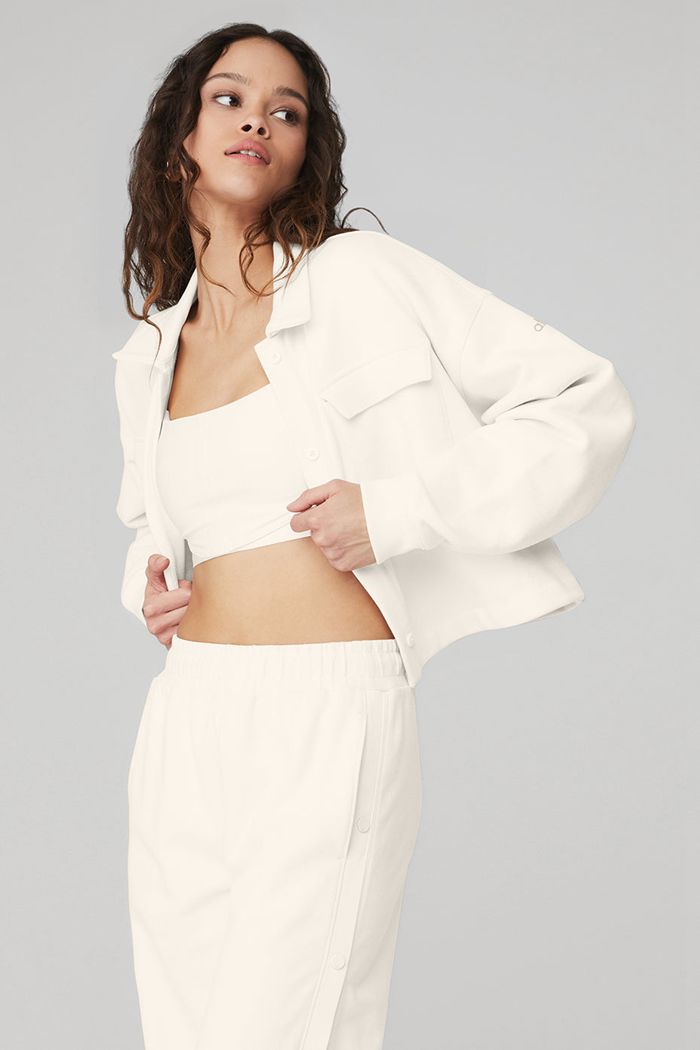 Alo Yoga Renown Cropped Button-Up Women's Pullover White | VIGFSQT-71