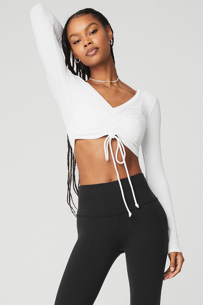 Alo Yoga Ribbed Cinch Cropped Women's Long Sleeve White | EYIQGAJ-02