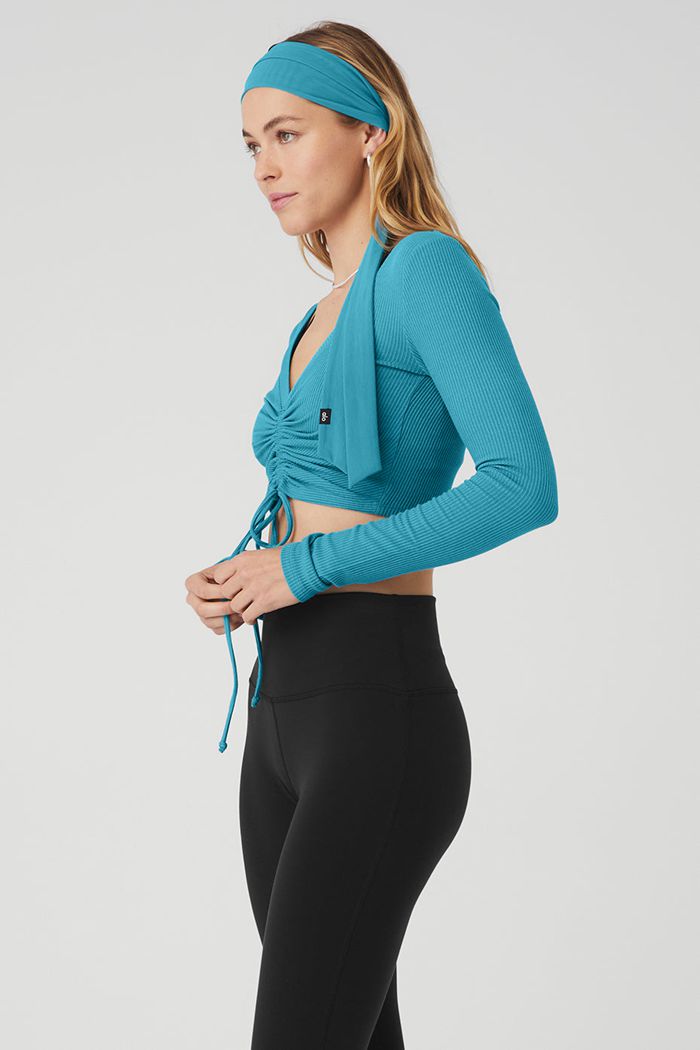 Alo Yoga Ribbed Cinch Cropped Women's Long Sleeve Blue | QXLTGWM-94