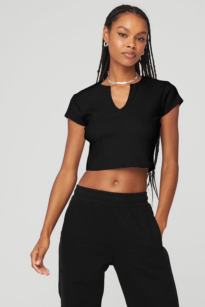 Alo Yoga Ribbed Cropped Savvy Women's Short Sleeve Black | SVJUROC-90