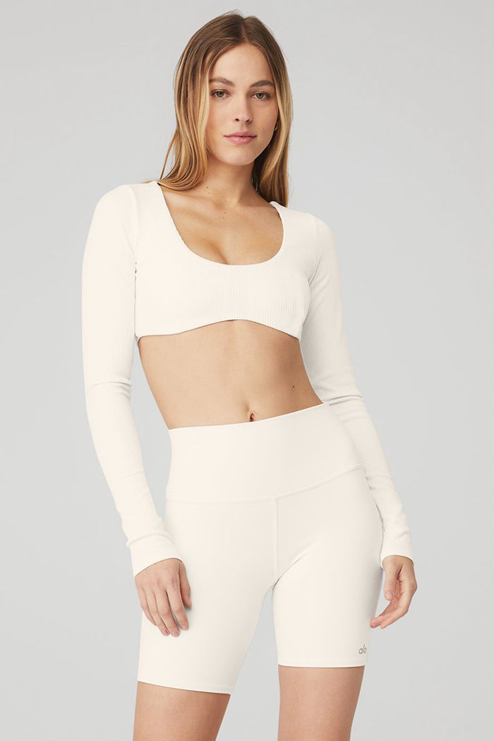 Alo Yoga Ribbed Defined Long Sleeve Women's Bras White | IALVJCH-37