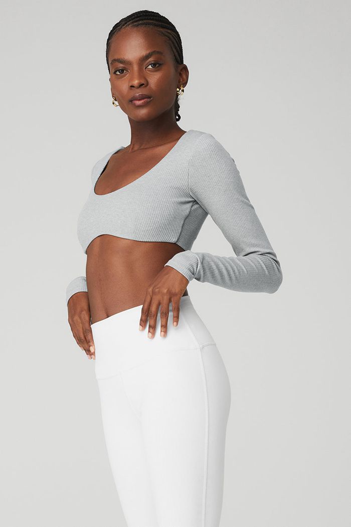 Alo Yoga Ribbed Defined Long Sleeve Women's Bras Grey | TRHISAU-97