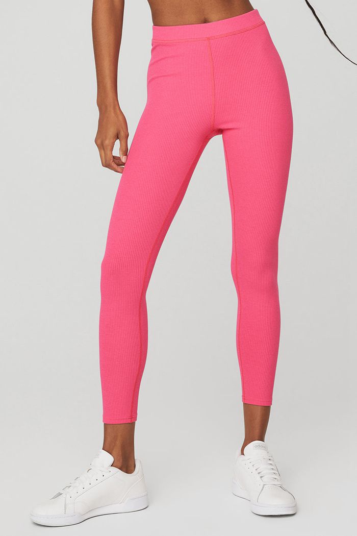 Alo Yoga Ribbed High-Waist 7/8 Blissful Women's Leggings Pink Fuchsia | OWUXJRF-84