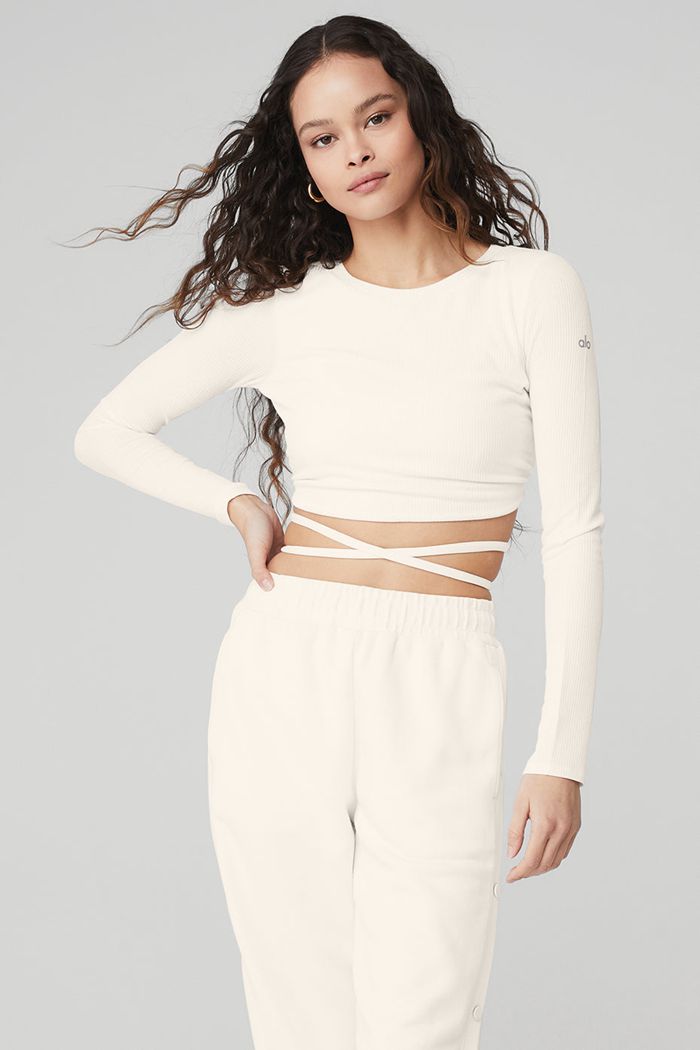 Alo Yoga Ribbed Manifest Women's Long Sleeve White | PESYCLH-54