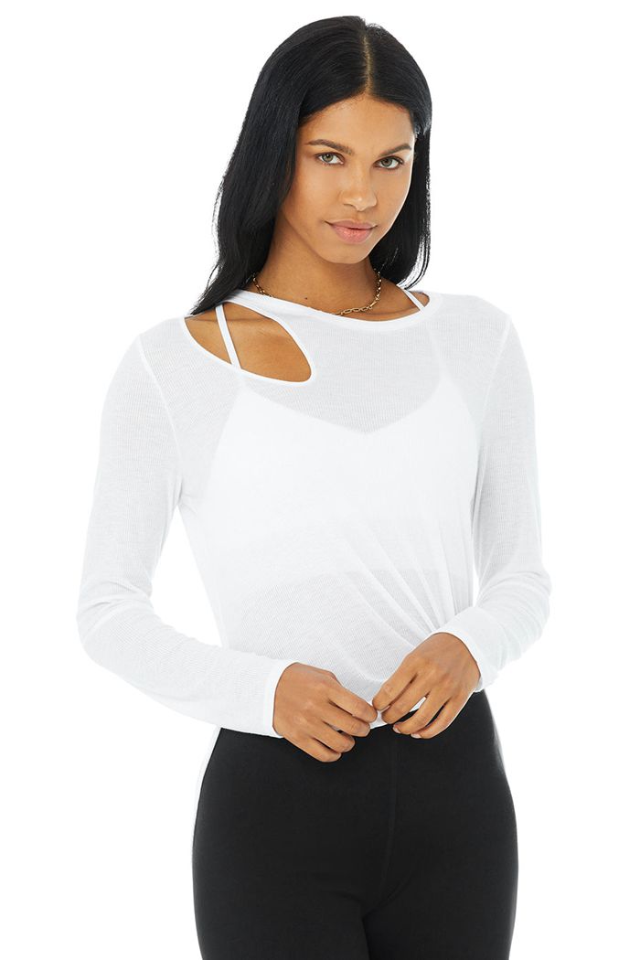 Alo Yoga Ribbed Peak Women's Long Sleeve White | CAUQRSP-81