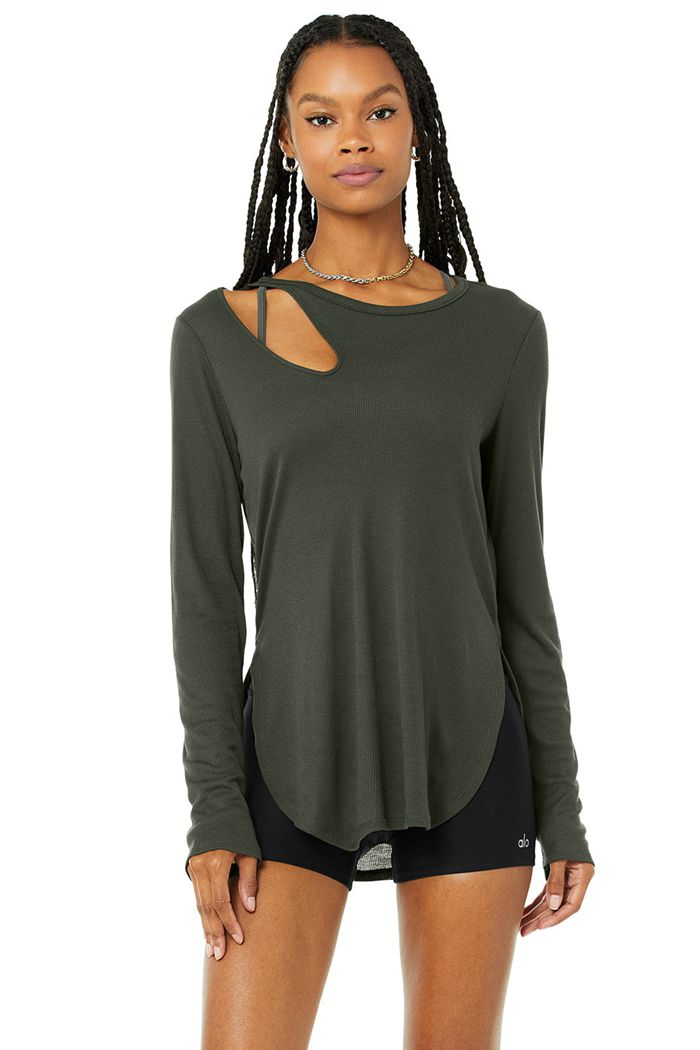 Alo Yoga Ribbed Peak Women's Long Sleeve Dark Green | DKTSMAI-05