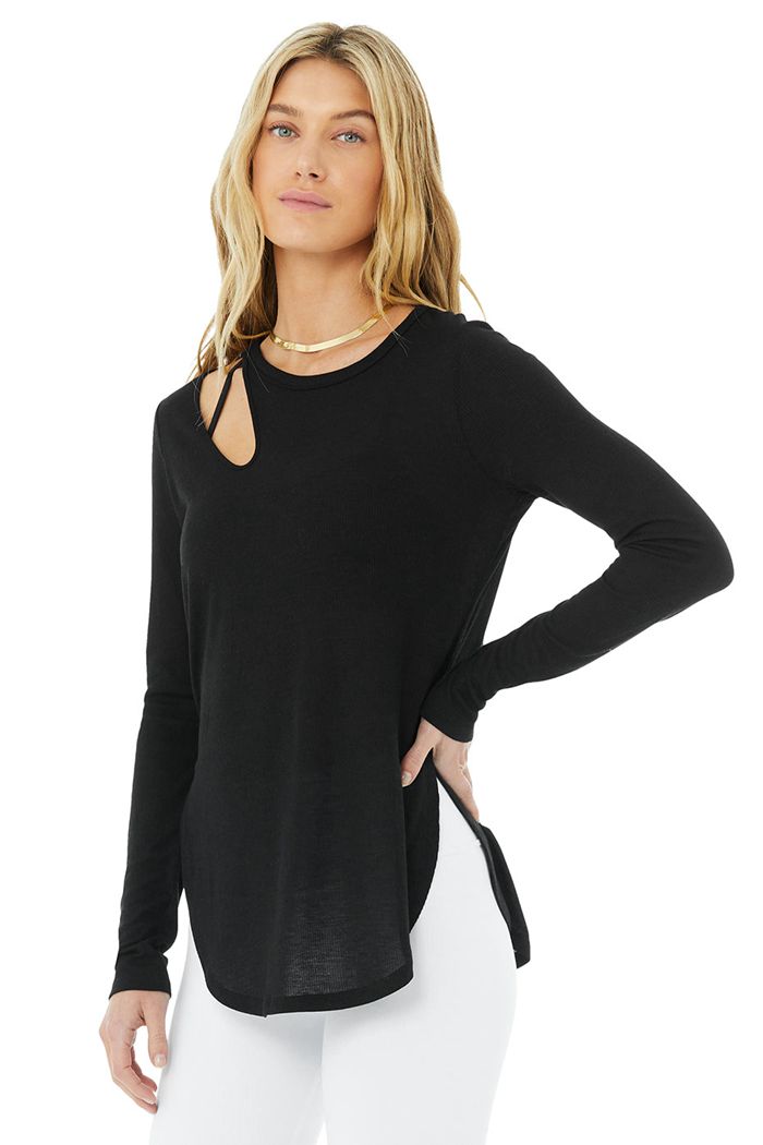 Alo Yoga Ribbed Peak Women's Long Sleeve Black | NDTZFSY-74