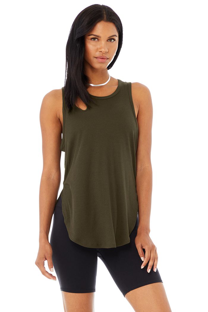 Alo Yoga Ribbed Peak Women's Tank Tops Dark Olive | ZAJLOBQ-17